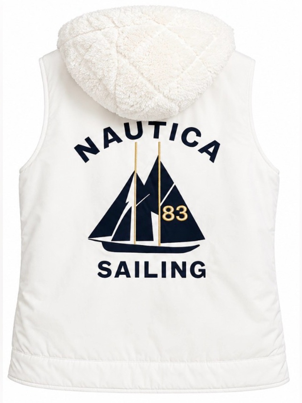 NWOT Nautica White Gorpcore Hoodie Sherpa-Lined Puffer Sailing Vest Graphics,S